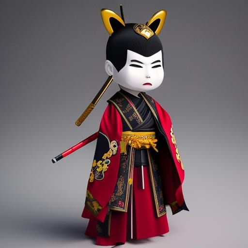 Chibi Samurai Portrait on Stage in 3D Rendering