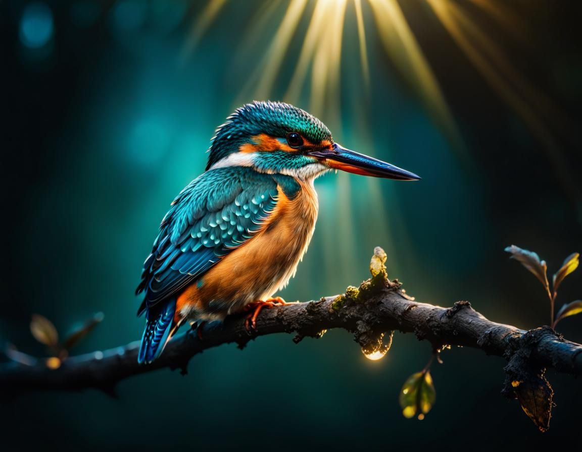 Ethereal Kingfisher on Branch in Black Light Art