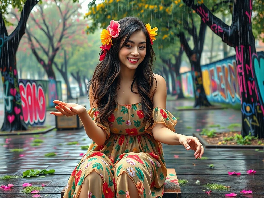Carefree Young Woman Surrounded by Vibrant Graffiti in Rainy...