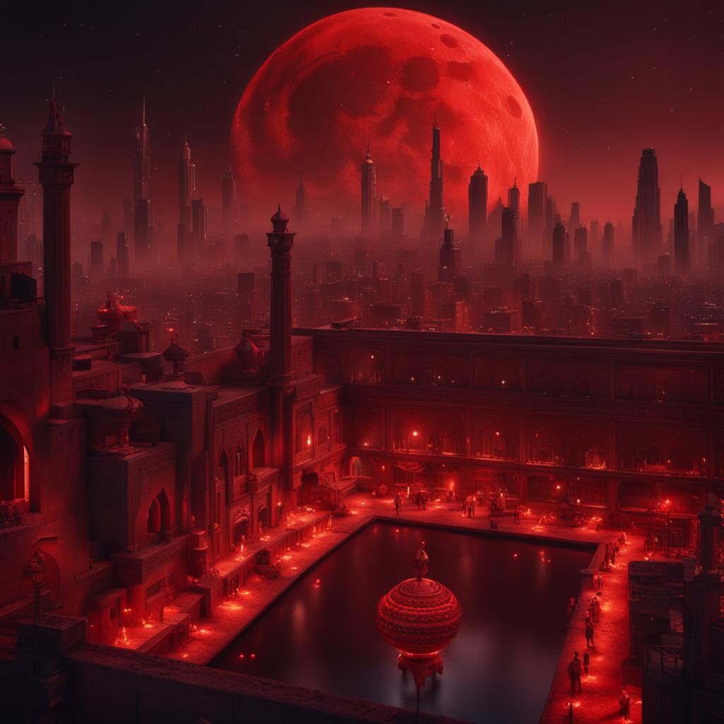 Red Lunar Crescent over Arabic City, Digital Art