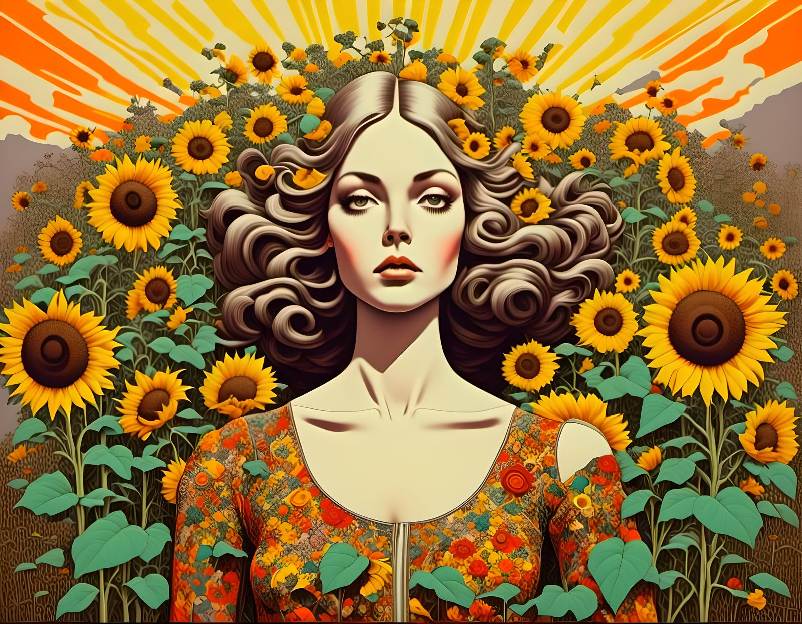 Groovy 70s Retro Girls in Surreal Sunflower Scene