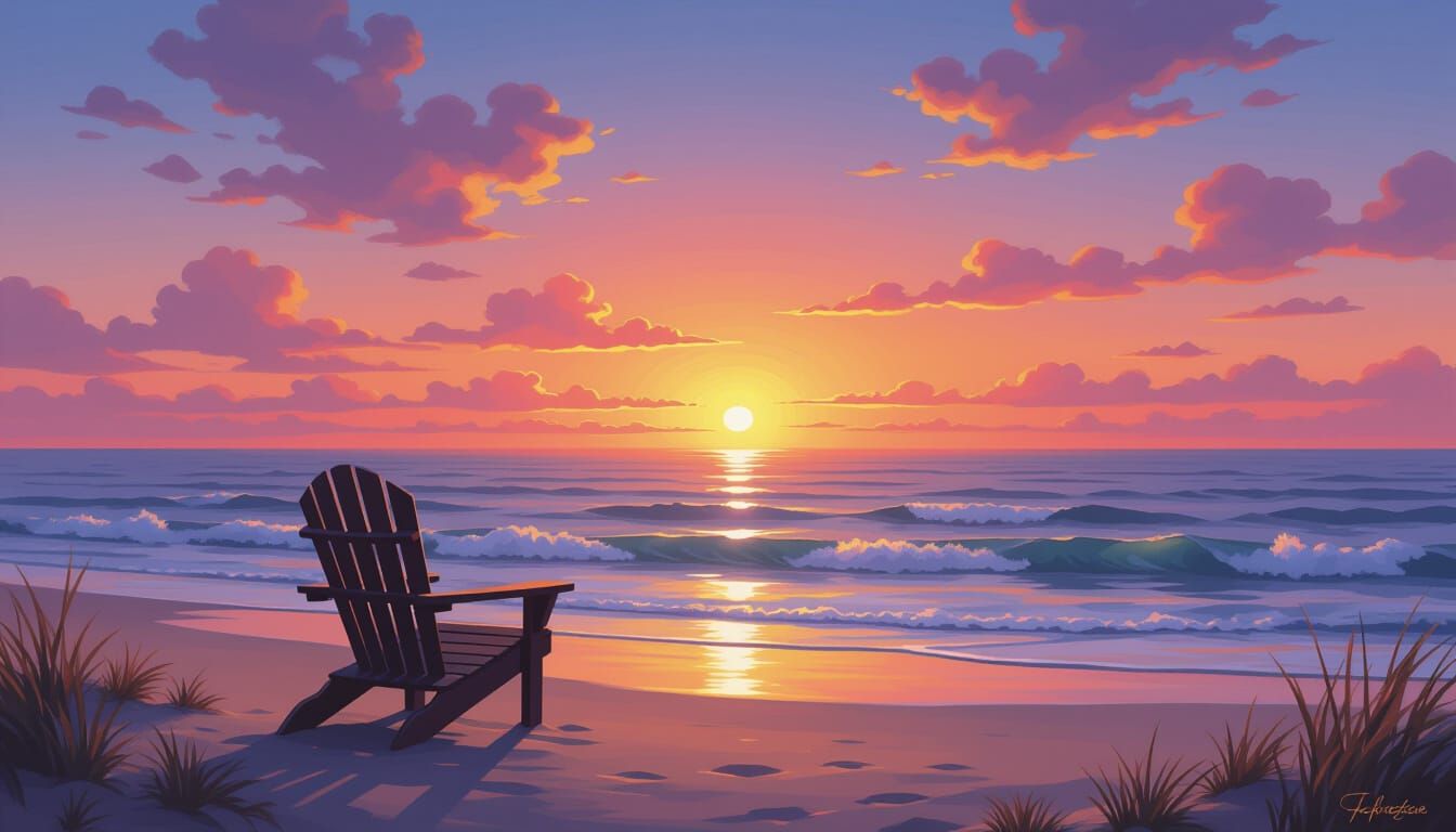 Twilight Ocean Vista with Adirondack Chair in Cottage Style