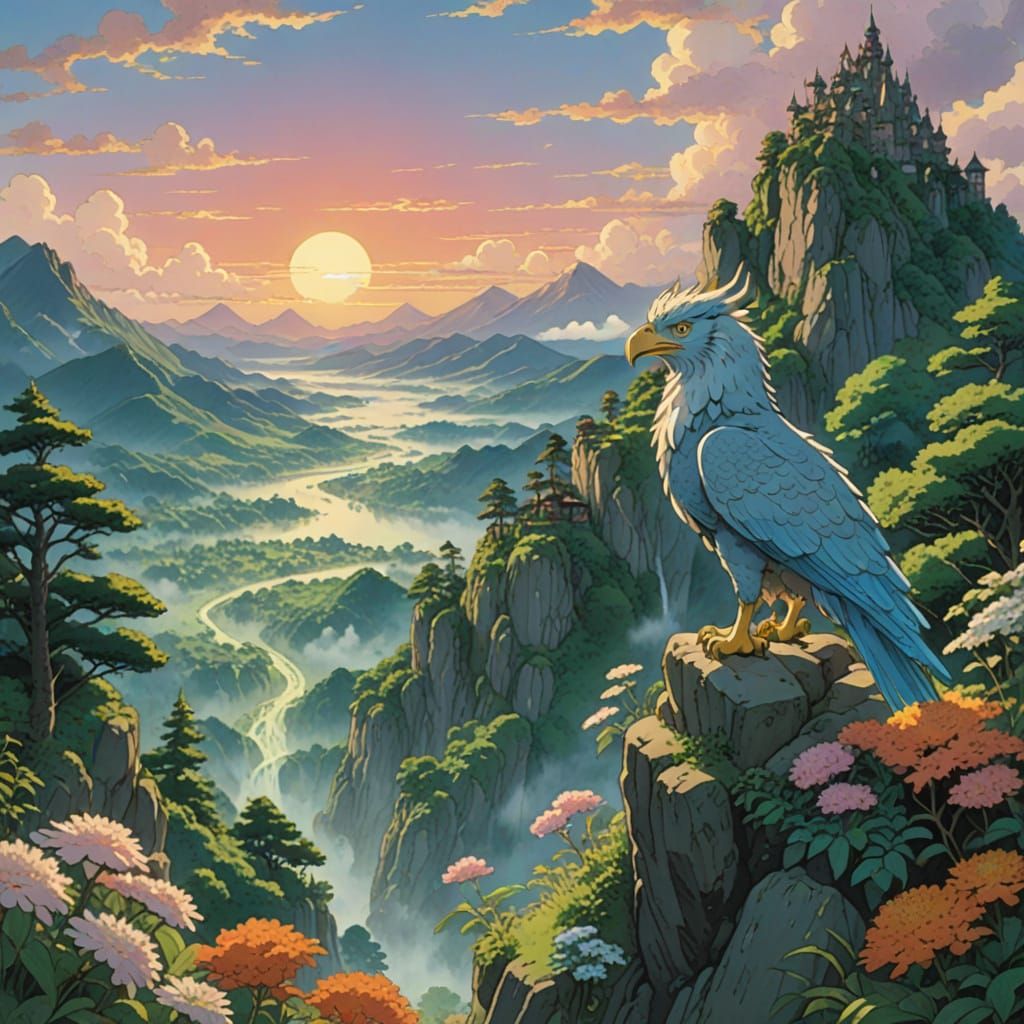 Griffin on Snowy Peak at Dawn: Ghibli-Inspired Fantasy Art