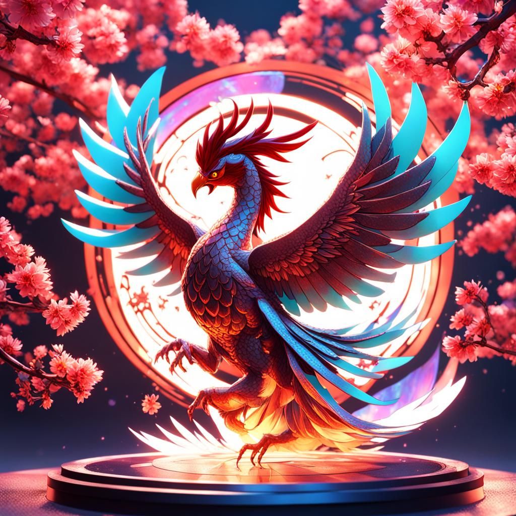 Sakura Phoenix-Devil Hybrid in Holographic 3D Art