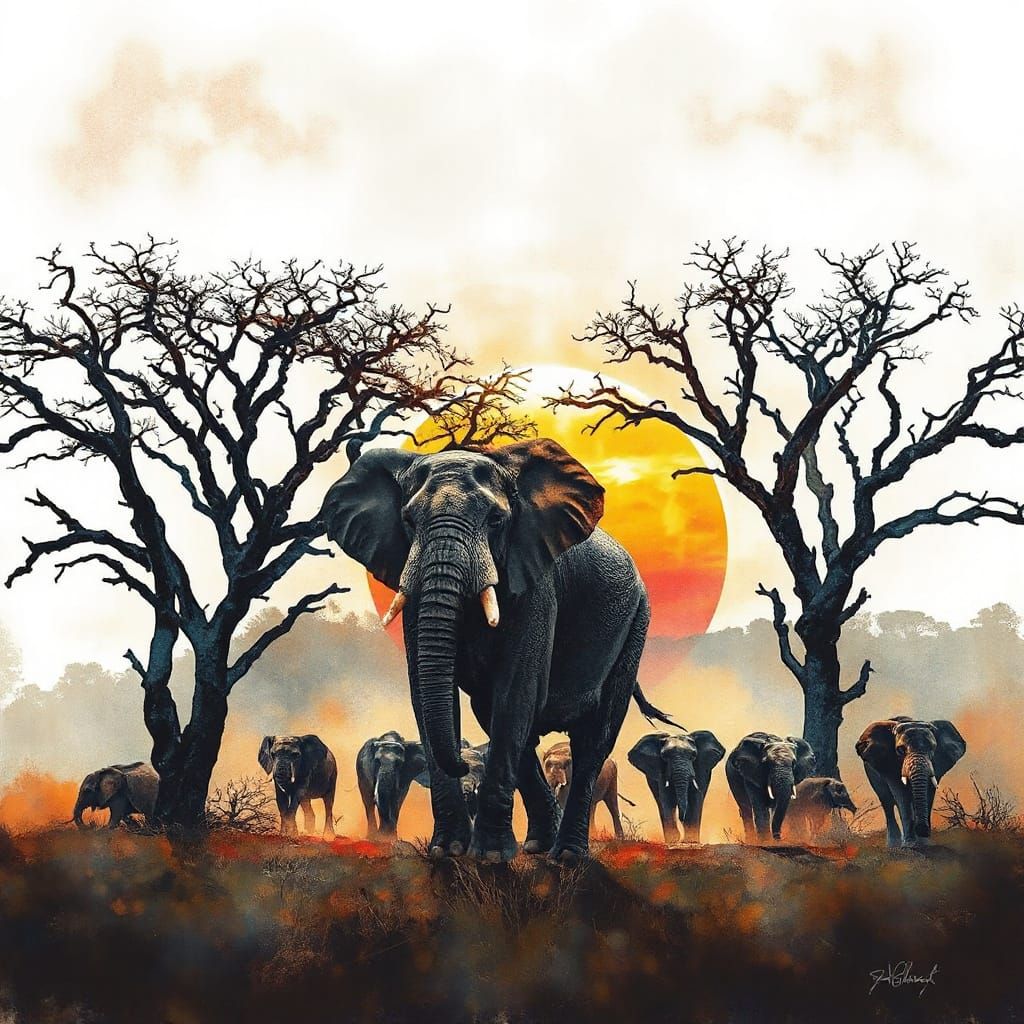 Elephant Herd at Sunset: Watercolor and Cinematic Style