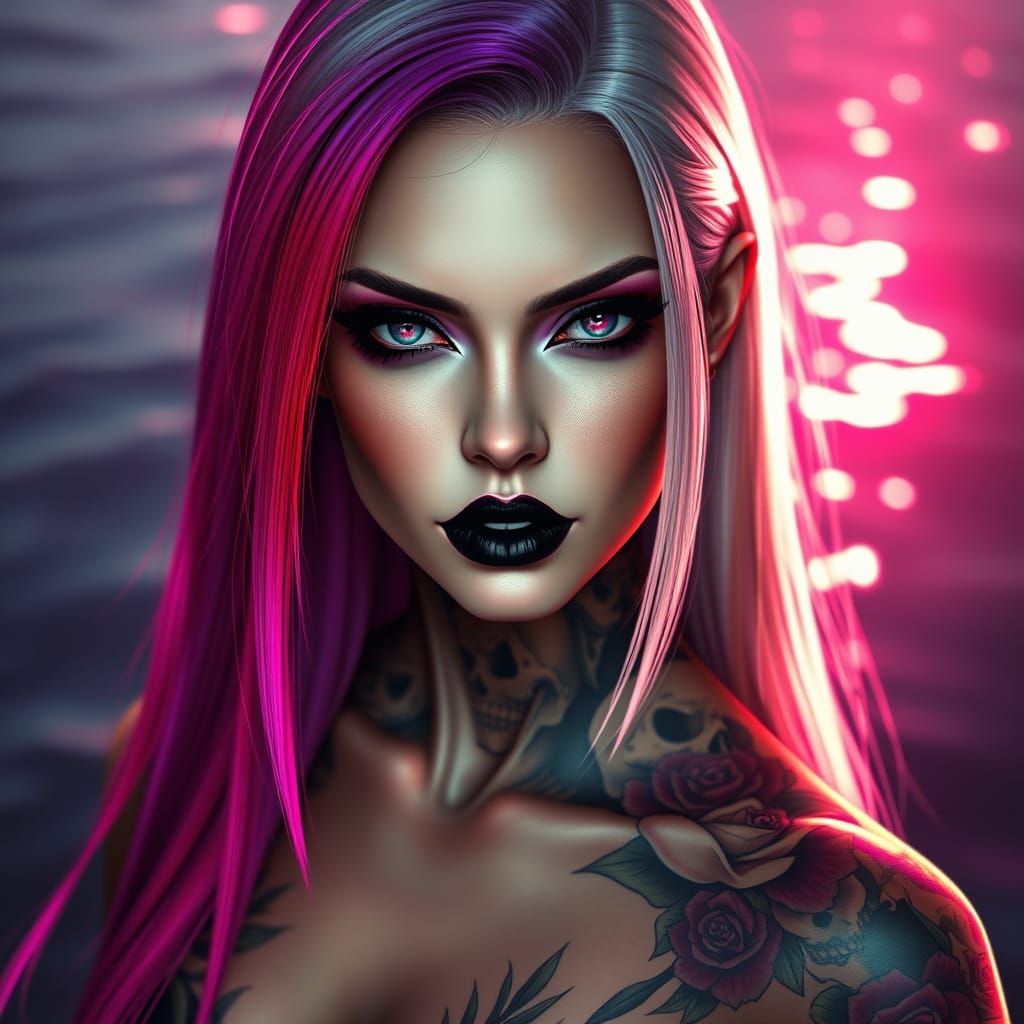 A striking portrait of a female figure with dramatic makeup ...