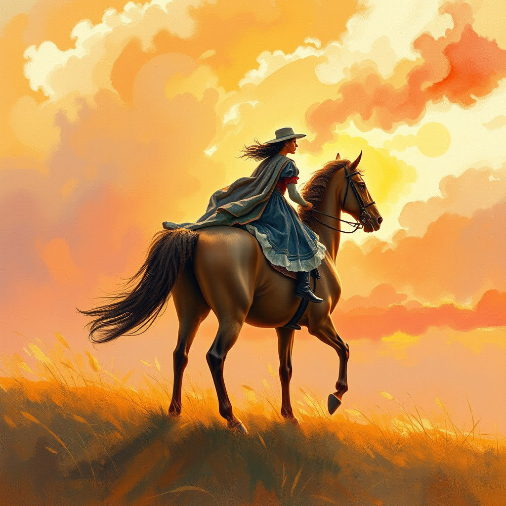 Equestrian Figure Rides into Golden Light: Impressionism Sty...