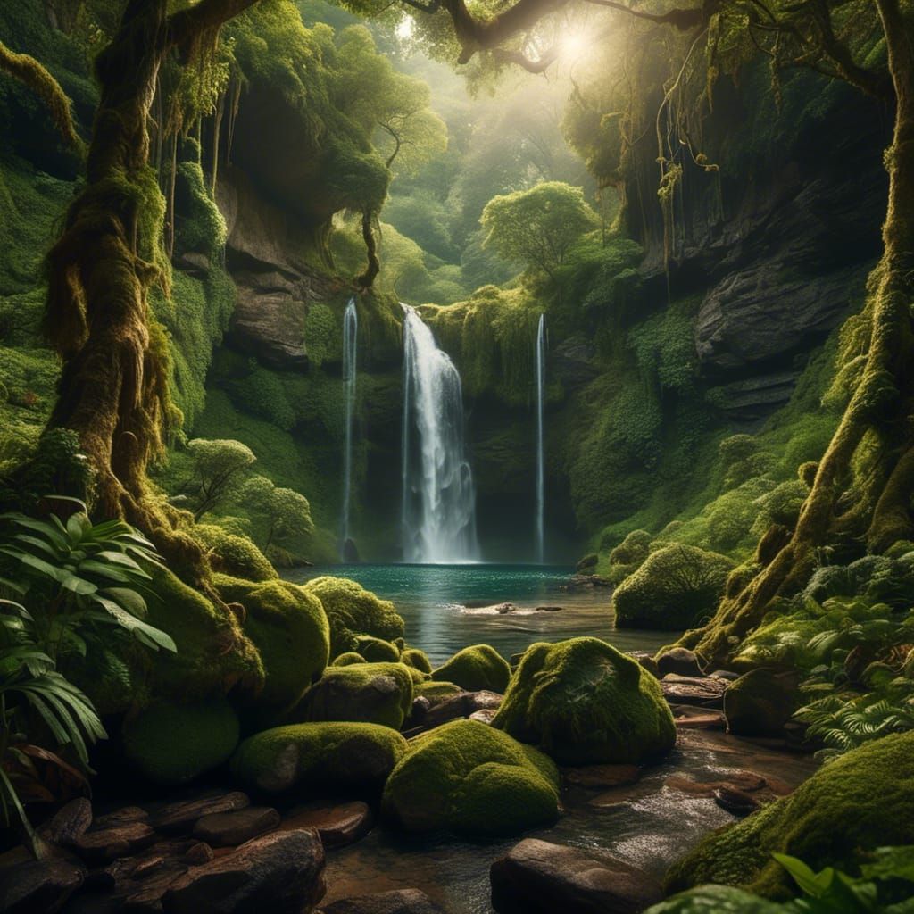 Majestic Waterfall in Hyperrealistic Style
