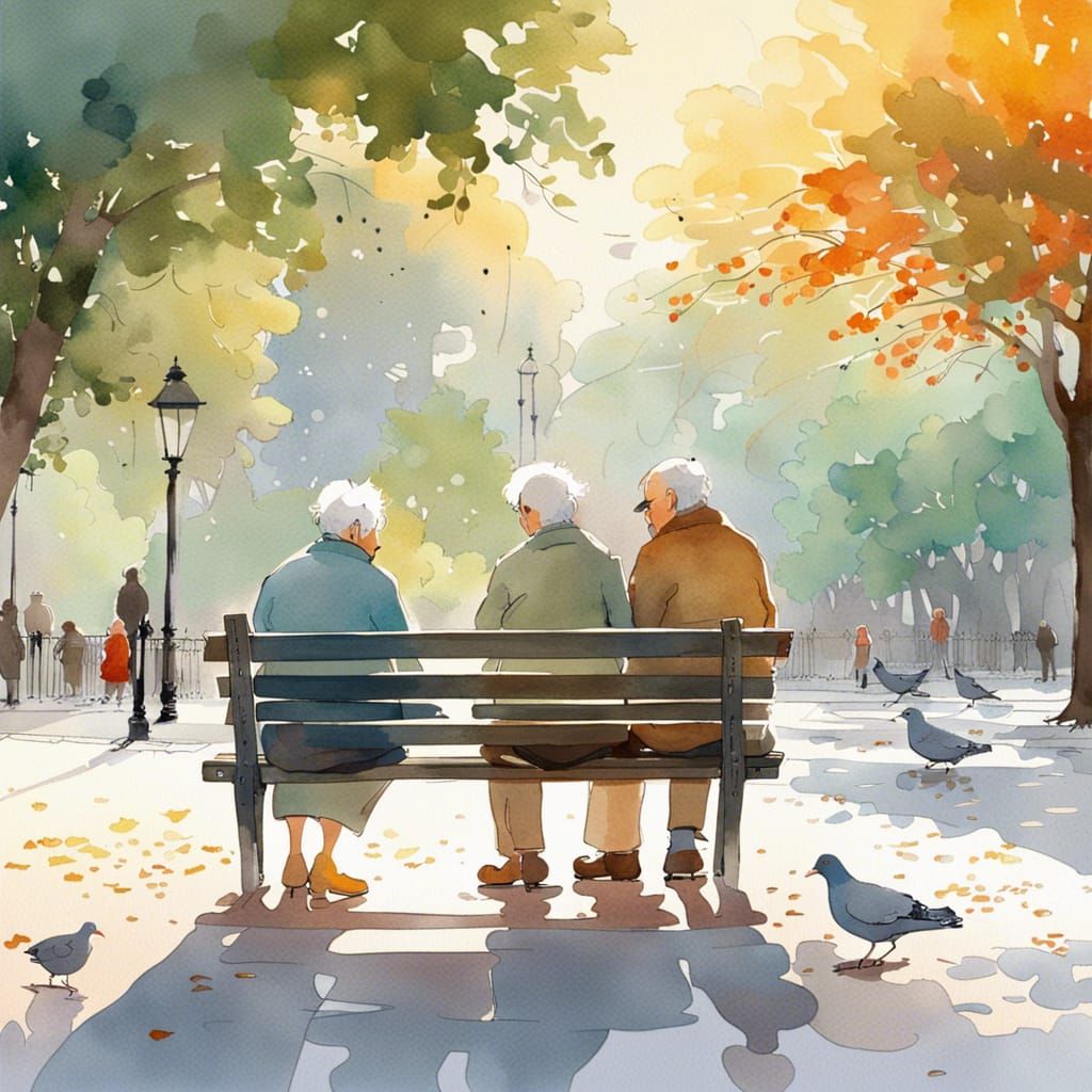 Elderly Couple Feeding Pigeons in Park, Watercolor