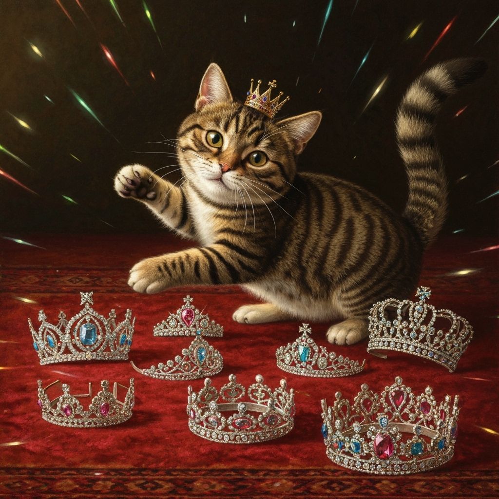 Clever Cat Plays with Royal Jewels on Velvet Carpet