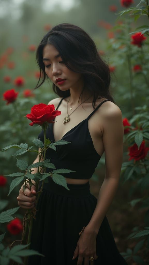 Pale skinny woman in a black dress holding a rose.