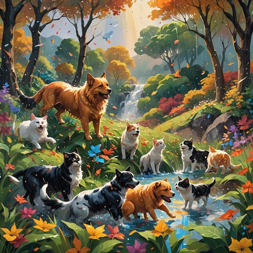 Torrent of Cats and Dogs in Lush Landscape
