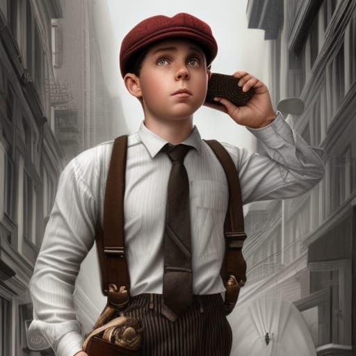 Detailed Portrait of Newspaper Boy in 1920s Style