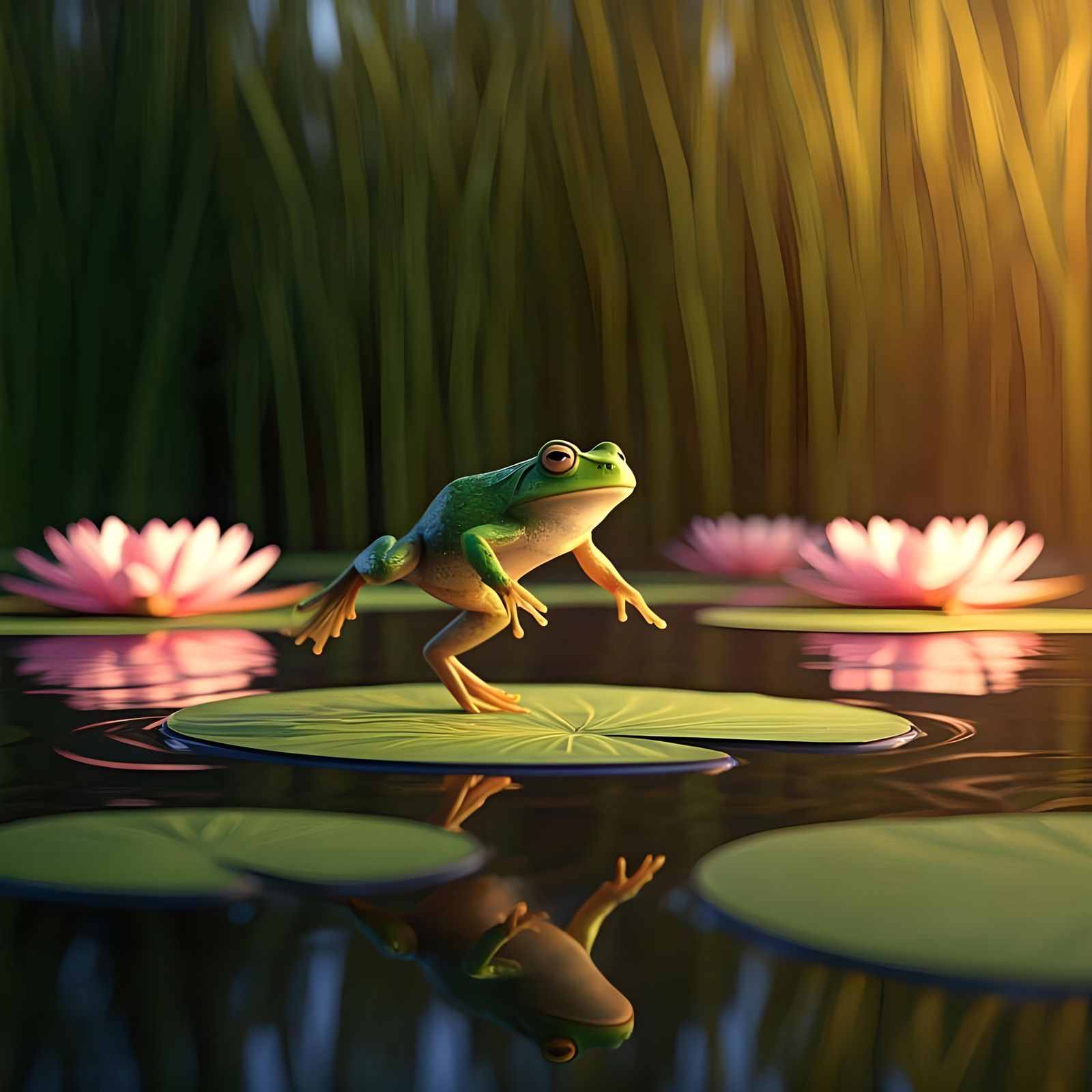 Frog Jumping on Lily Pads: Hyperrealistic Detail