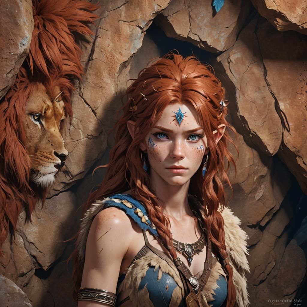 Anime Style Cave Woman With Lion Drawing