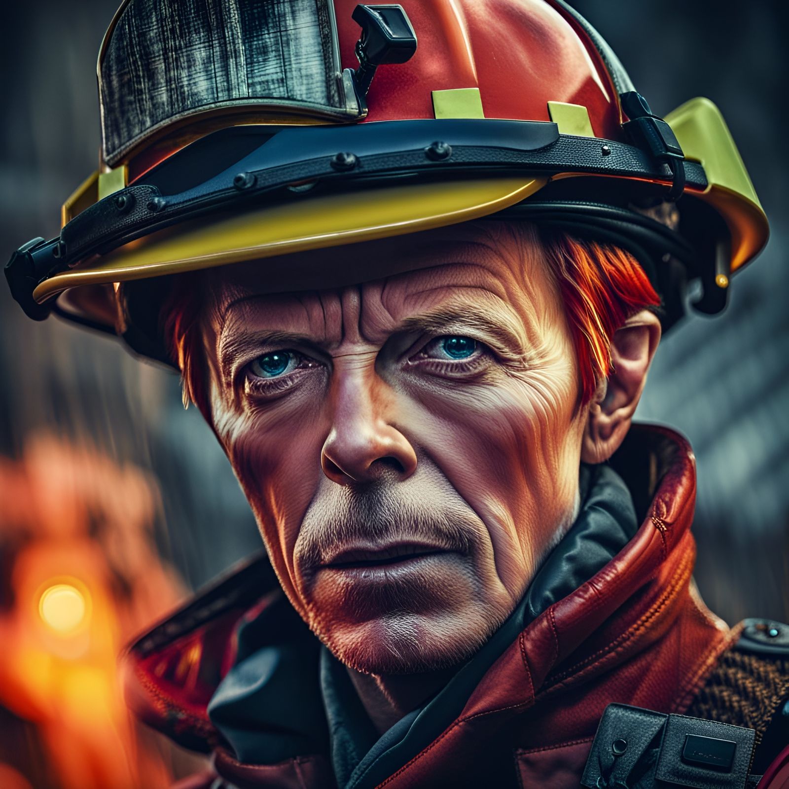 David Bowie as Firefighter: Hyperrealistic 64 Megapixel Imag...