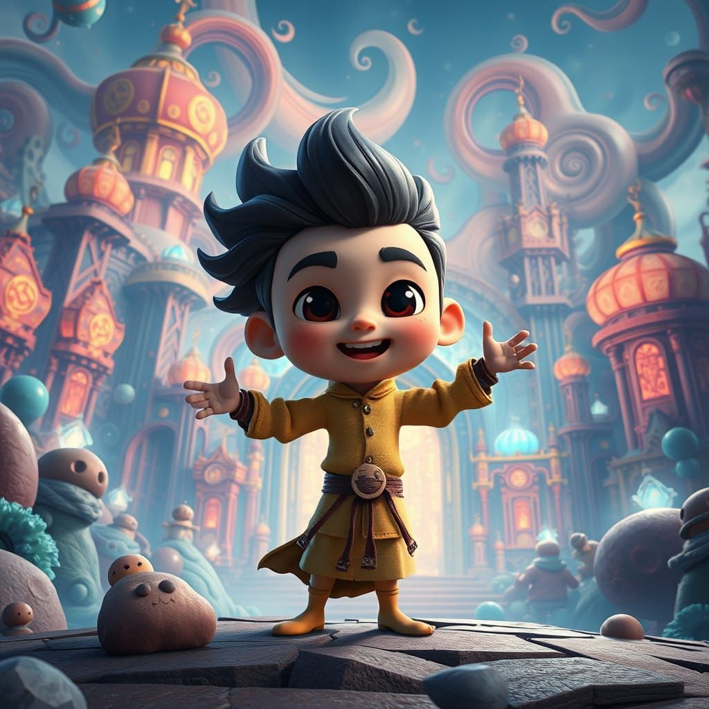 Heroic Cartoon Character Embodies Whimsy in Dreamlike Realm