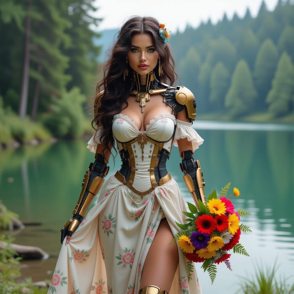 Biocybernetic Woman in Steampunk Cyberpunk World