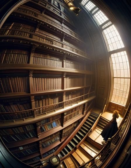 Librarian Ascends Bookshelf Staircase at Golden Hour