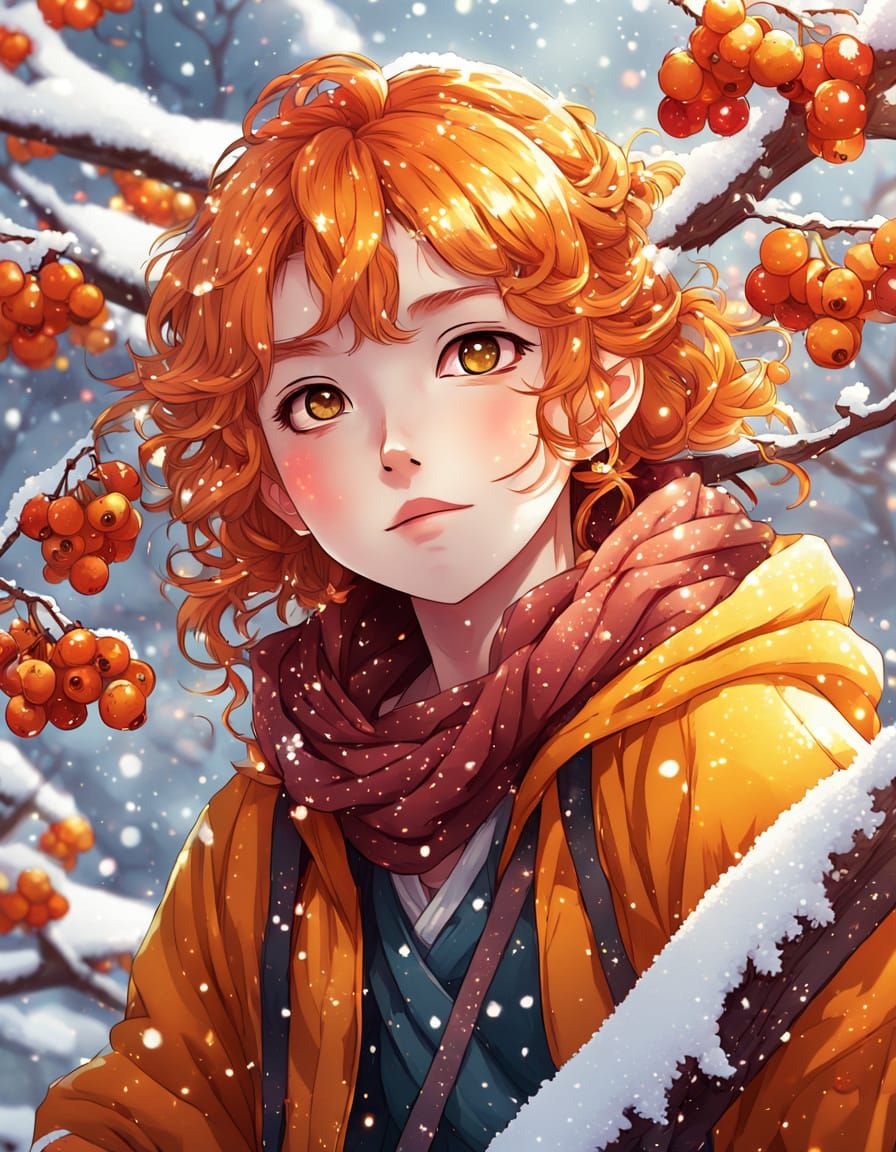 Cute Fairy on Snow-Covered Branch in Anime Style