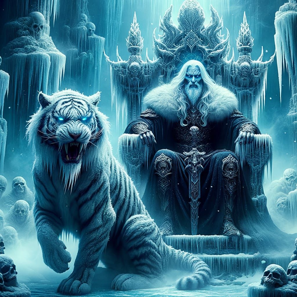 Icy Monarch on Frost Throne with Saber-Toothed Tiger