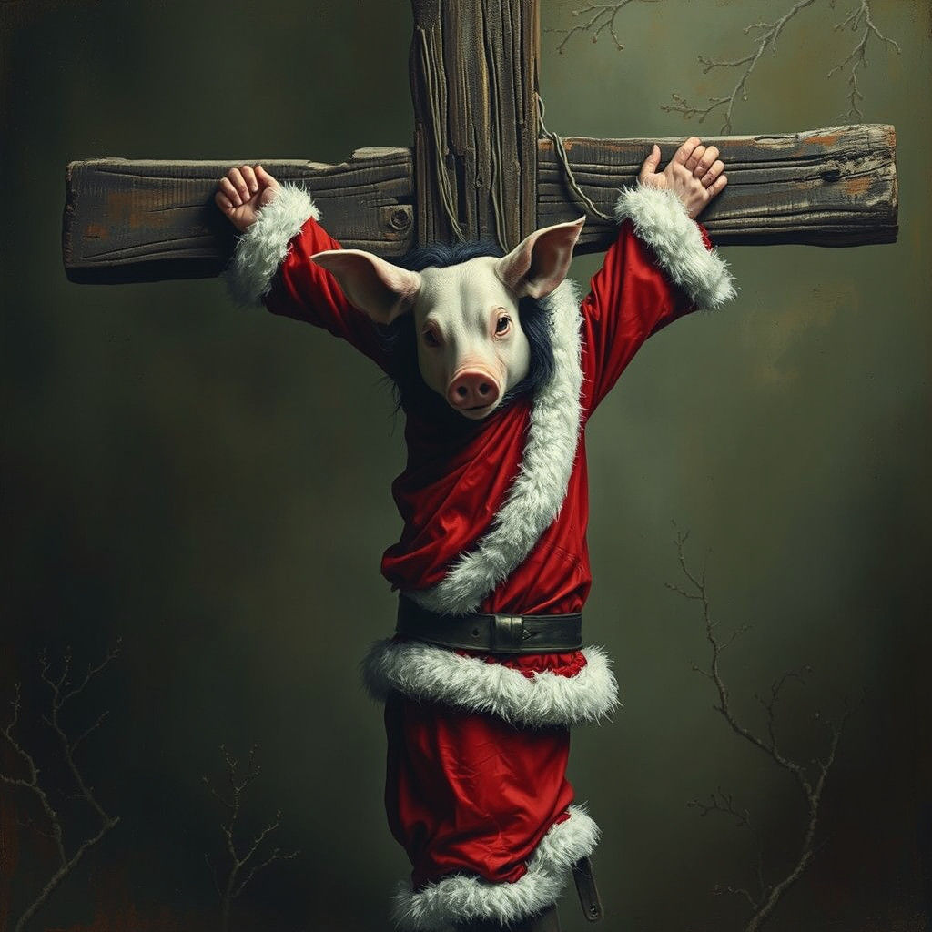 Pig-Headed Jesus in Santa Suit on Cross