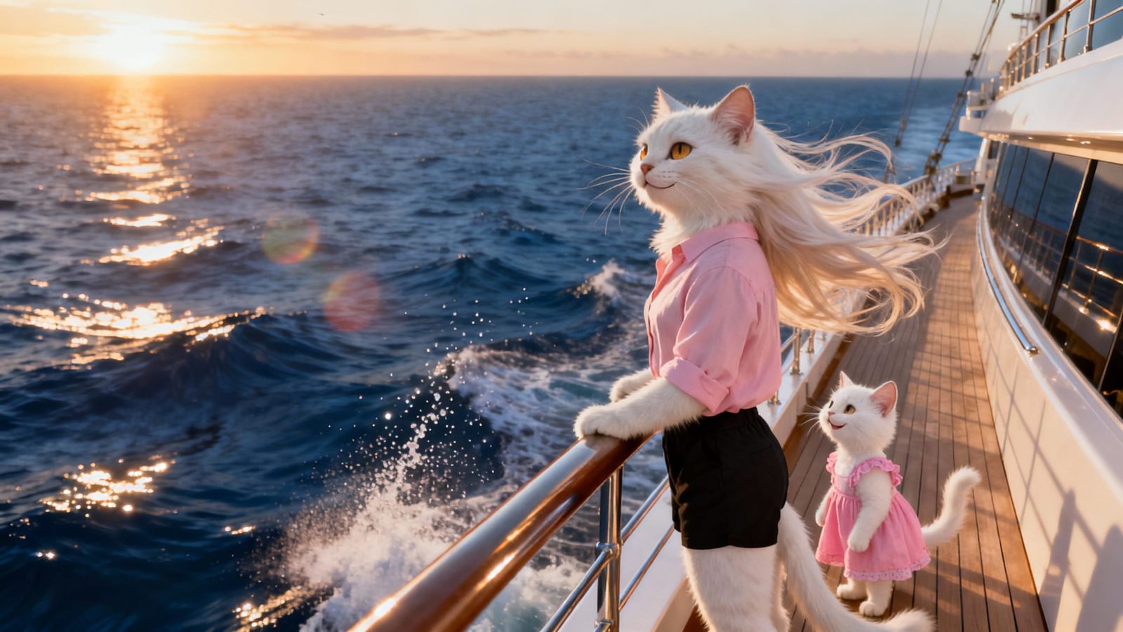 Humanoid Cat Enjoys Golden Hour Cruise at Sea
