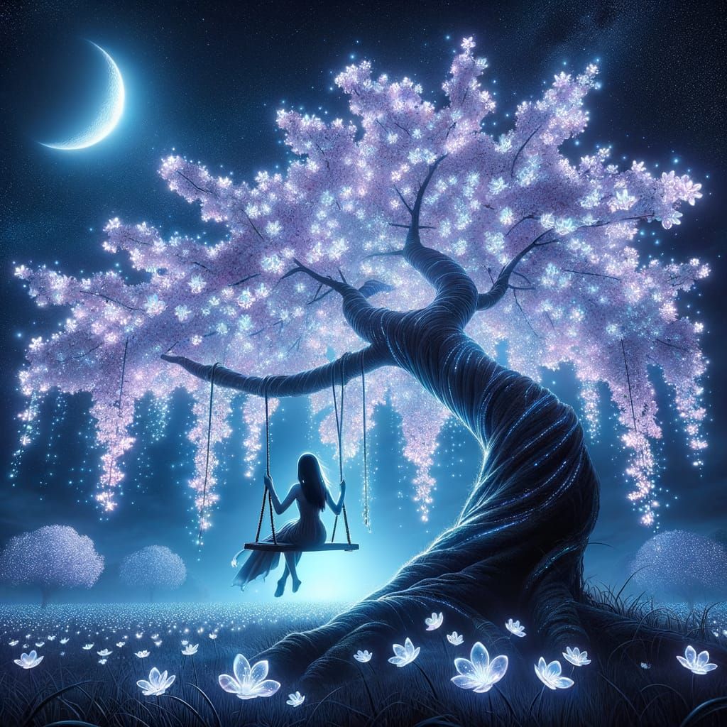 Woman on Bioluminescent Cherry Blossom Swing Ride