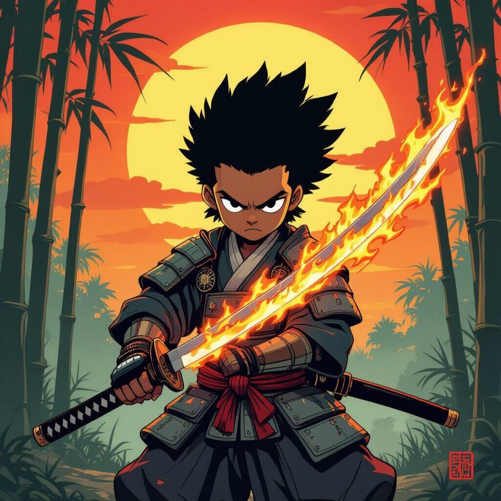 Huey Freeman as Fiery Samurai Warrior in Bamboo Forest