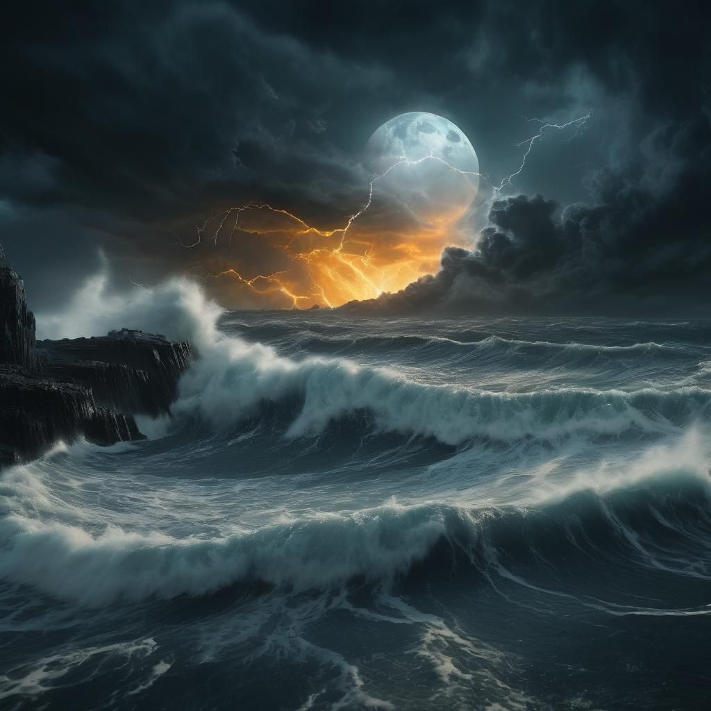 Turbulent Sea Under Black Moon: Fantasy Matte Painting