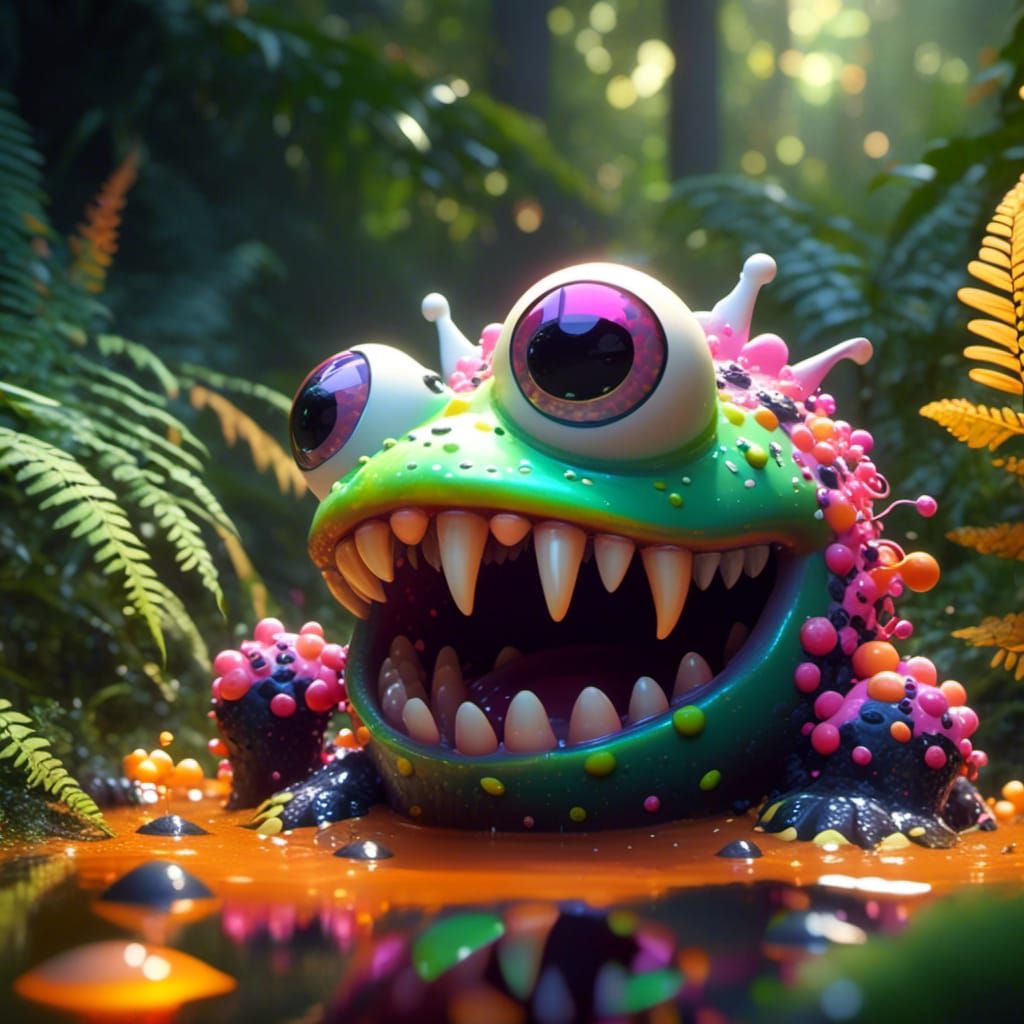 Cute Polka Dot Monster in a Fern Forest