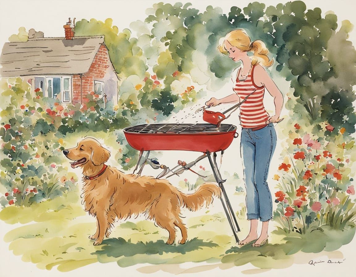 Woman Grilling with Dog, Illustrative Style