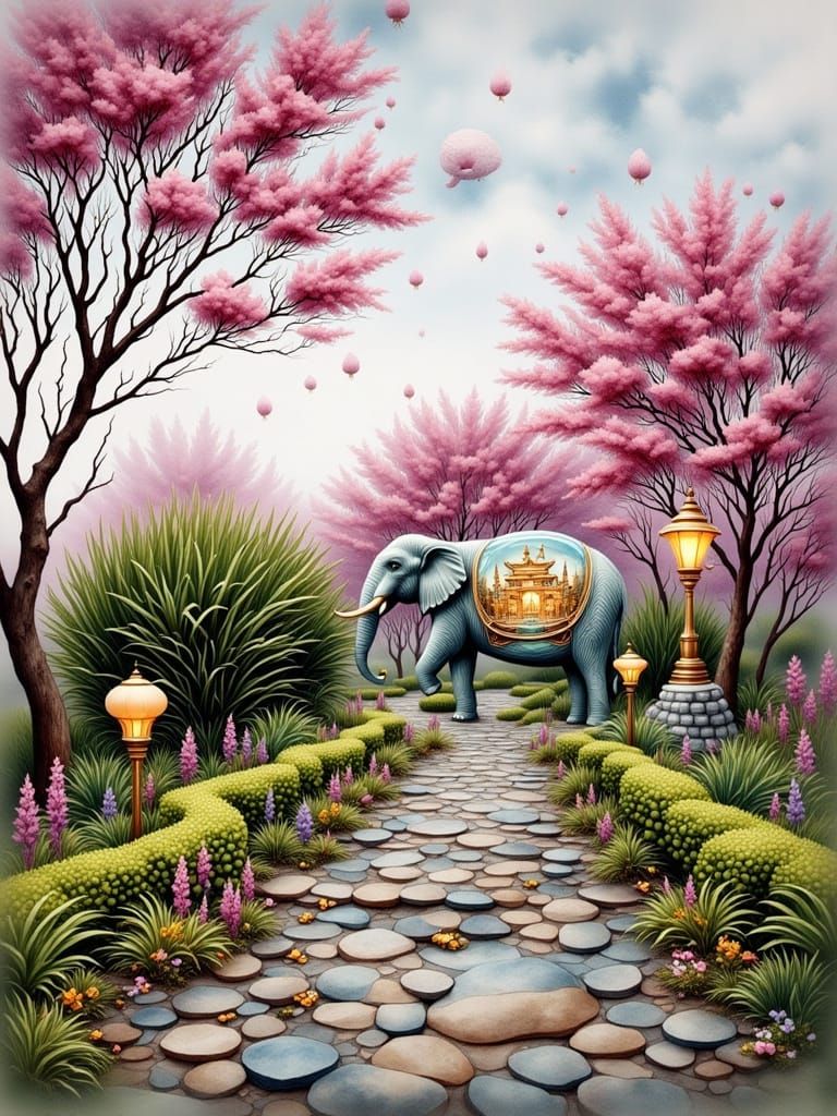Elephant in Mystical Forest, East Asian-Inspired Interior, S...