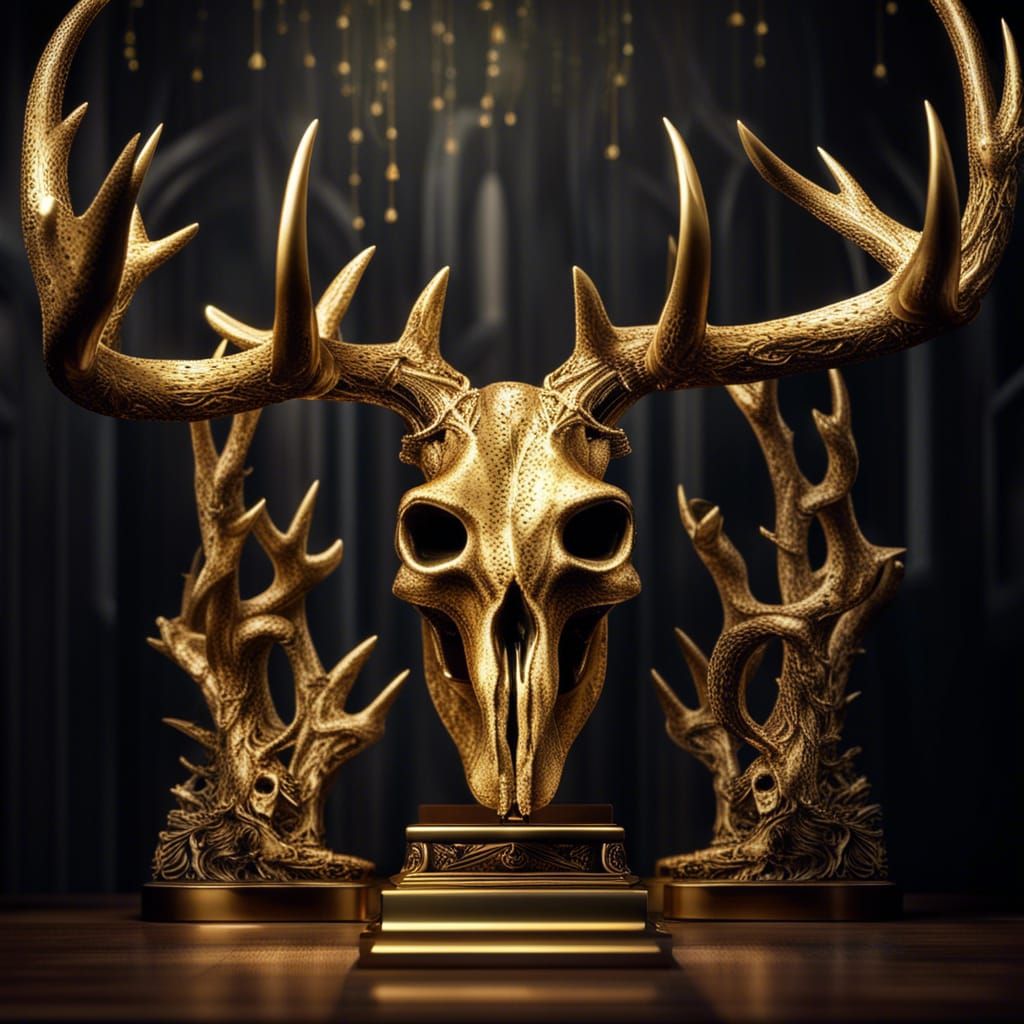 Golden Glittercore Stag Trophy with Human Skull Antlers