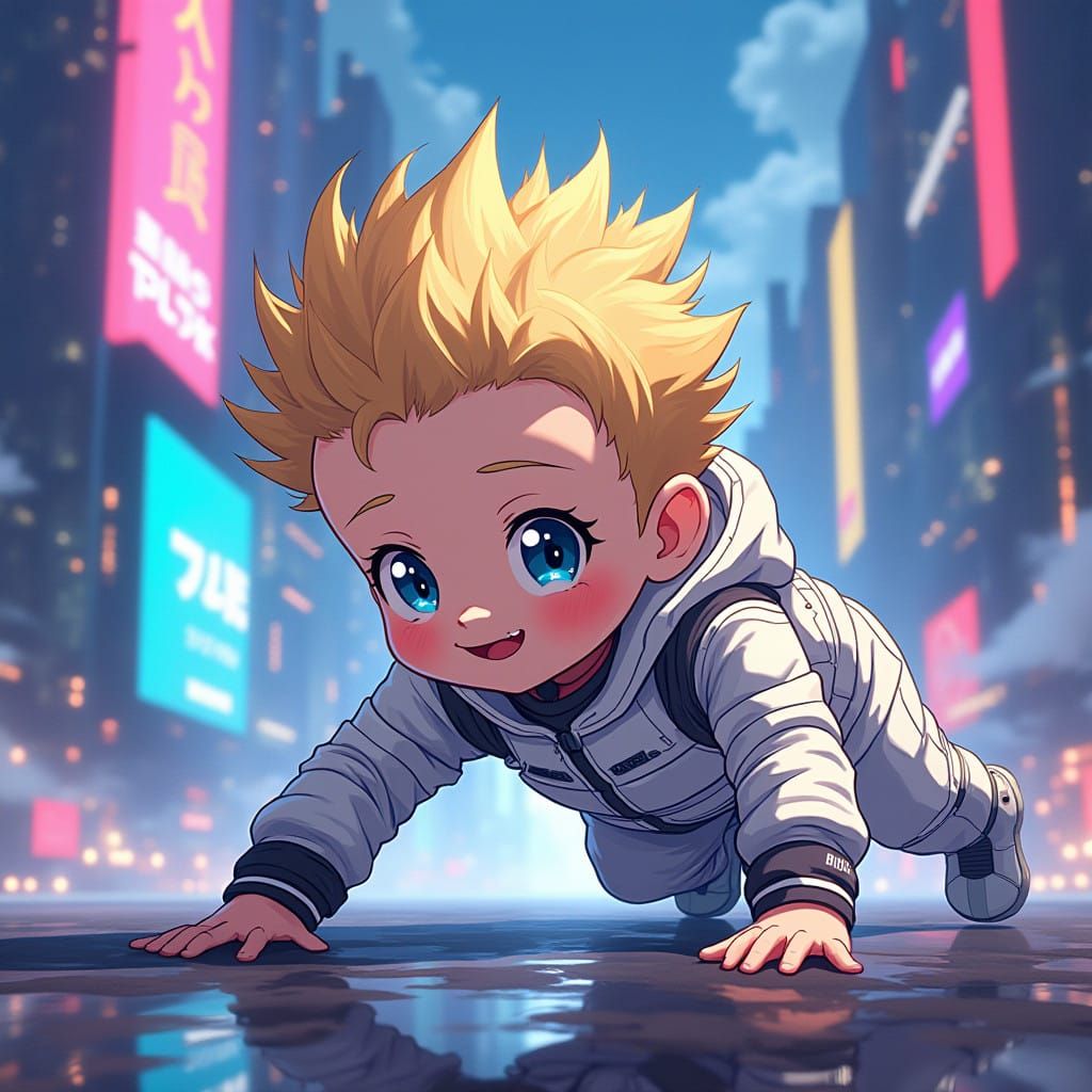 Cherubic Boy Explores Neon Cityscape in Anime Style