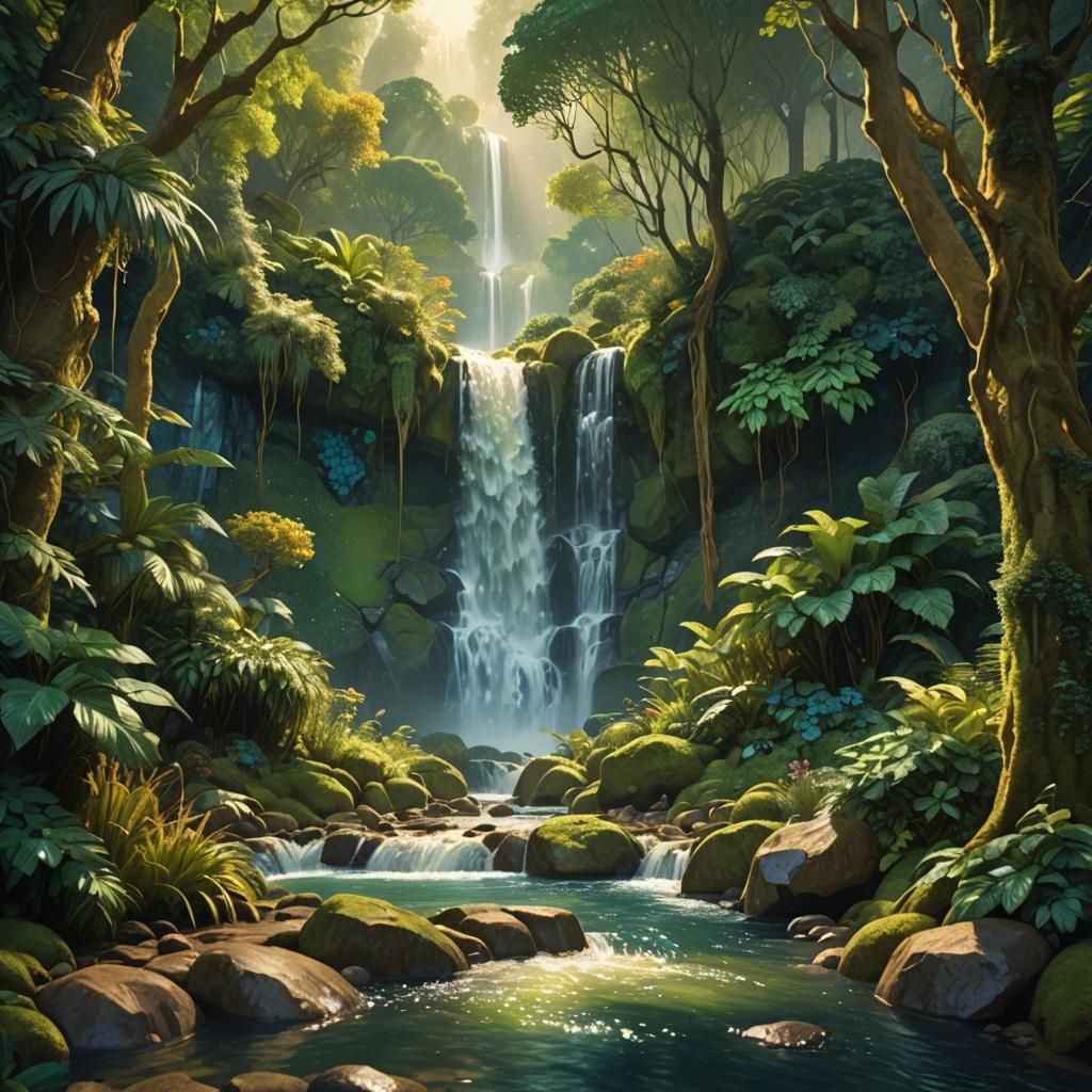 Golden Waterfall in Expressionist Paradise