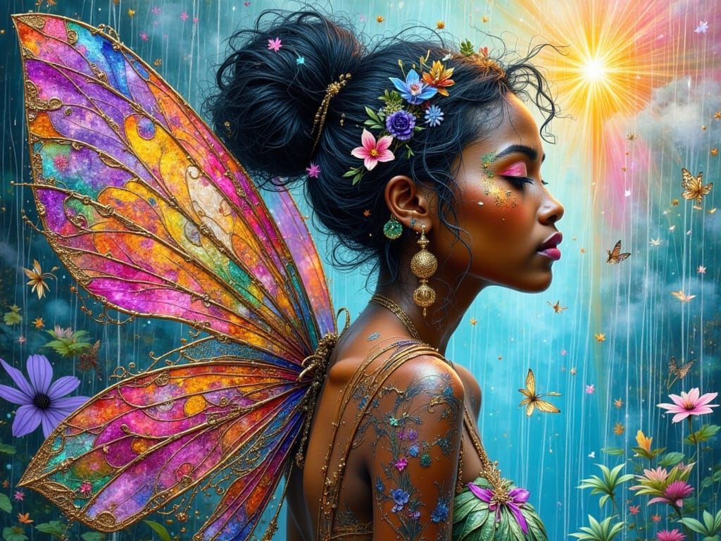 Caribbean Fairy in Rainstorm as Mixed Media Art