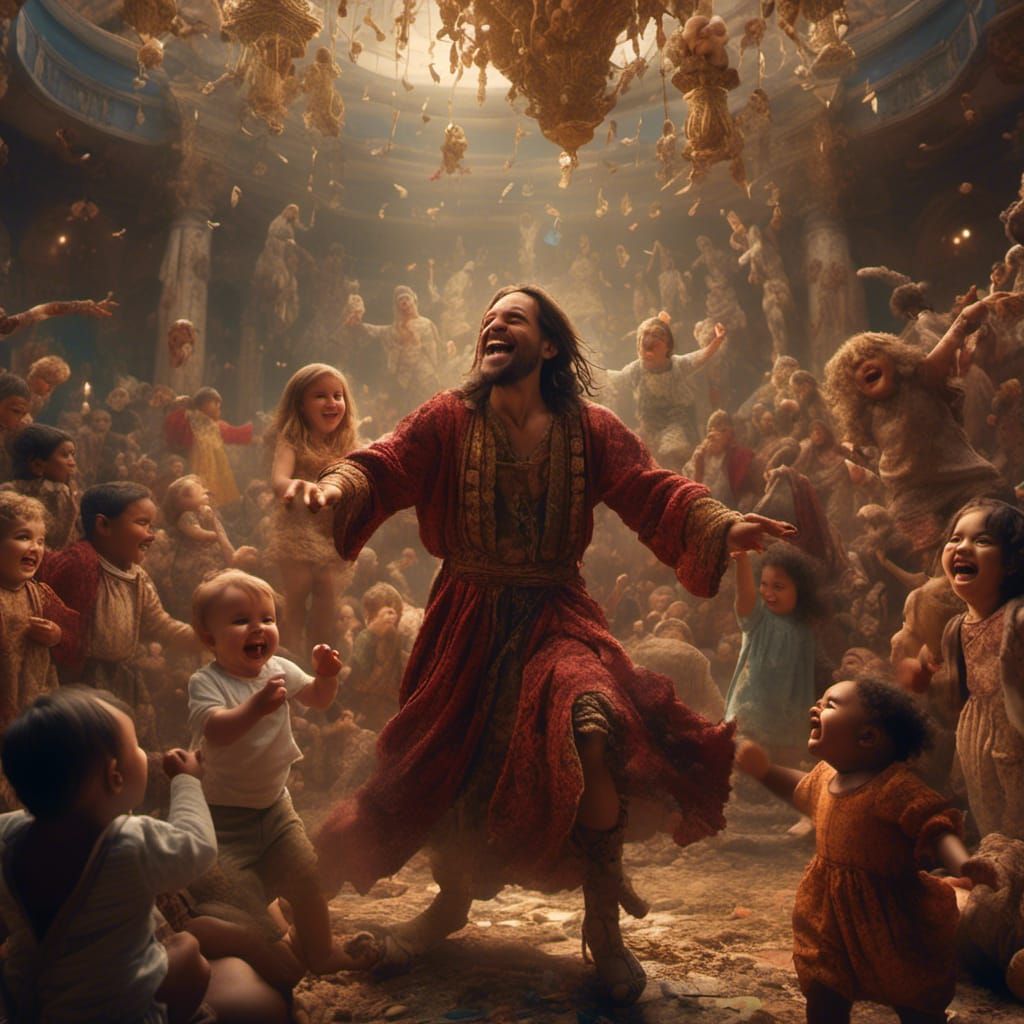 Joyful Jesus Laughing with Babies: Digital Matte Painting