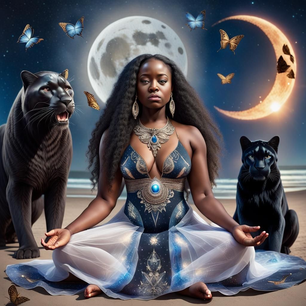 Meditating Woman with Panther Under Moonlit Sky