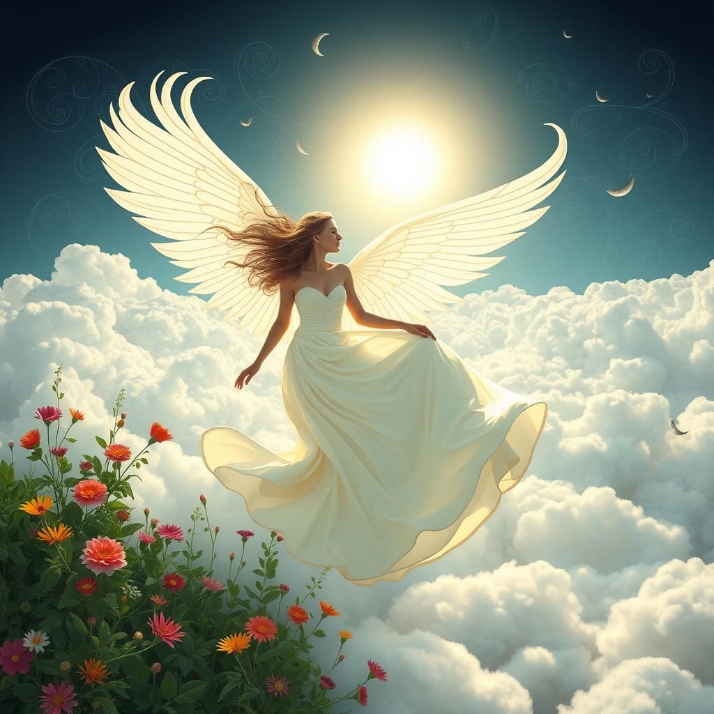 Ethereal Woman on Clouds in Art Nouveau Style