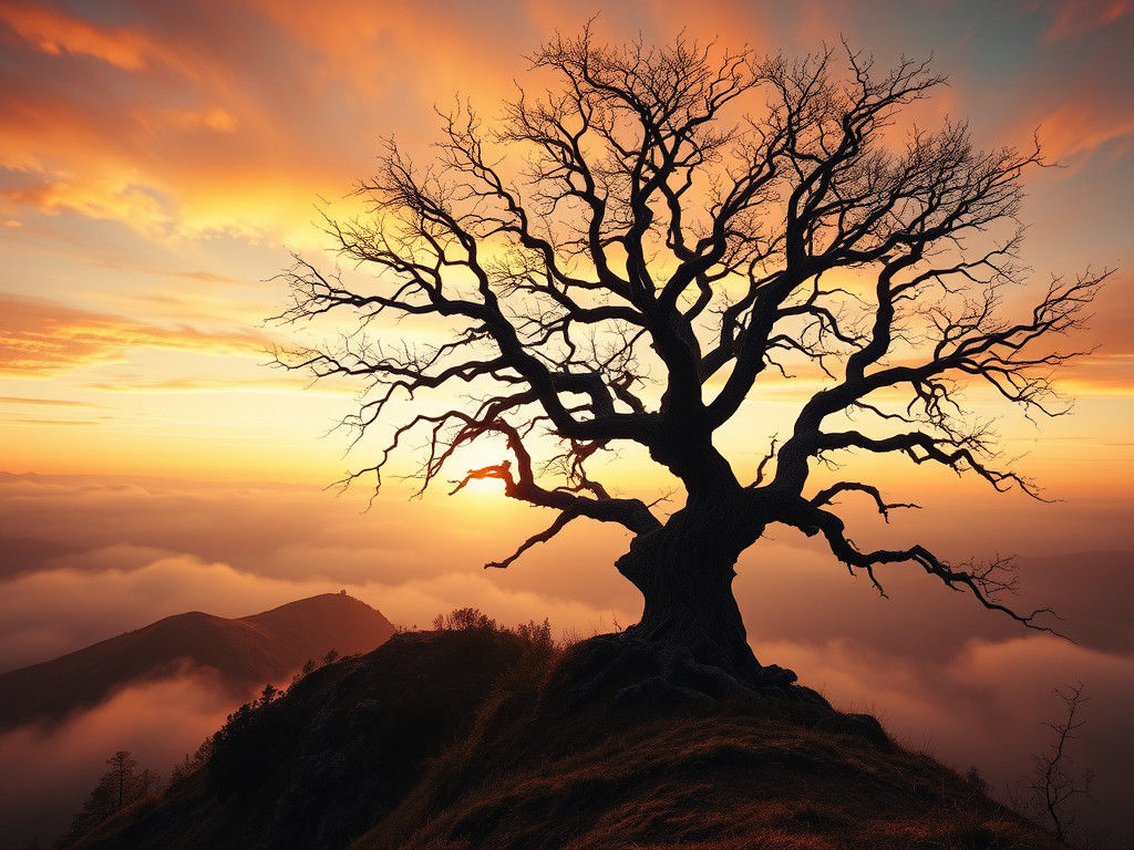 Majestic Twisted Tree at Sunset in Romantic Style