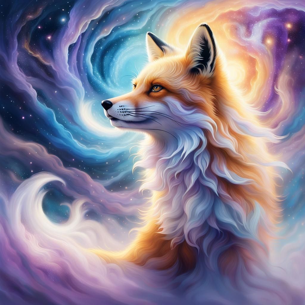 Mystical Fox Made of Starlight in Dreamlike Landscape