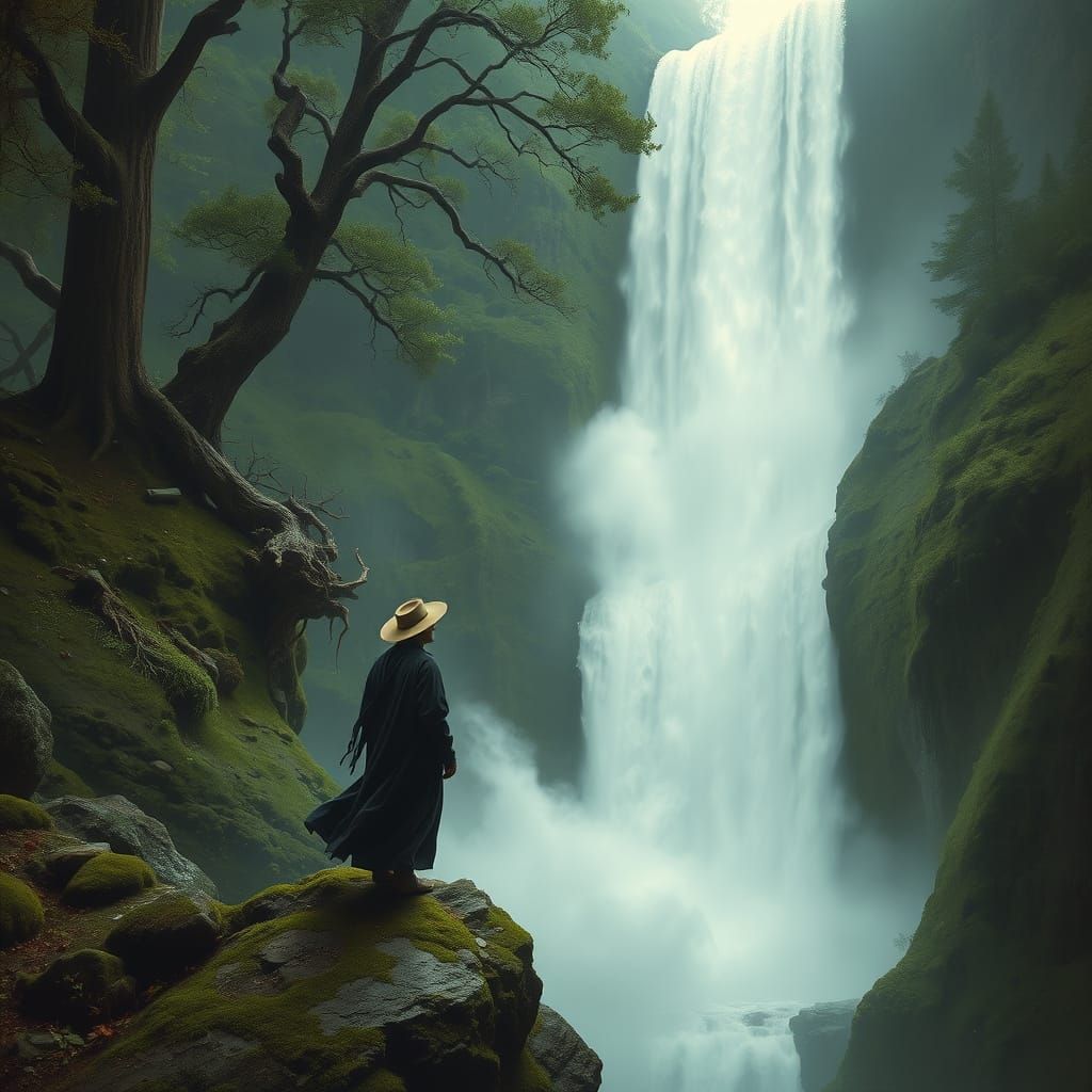 Mystic Figure Gazing into Abyss: Romantic Surrealism