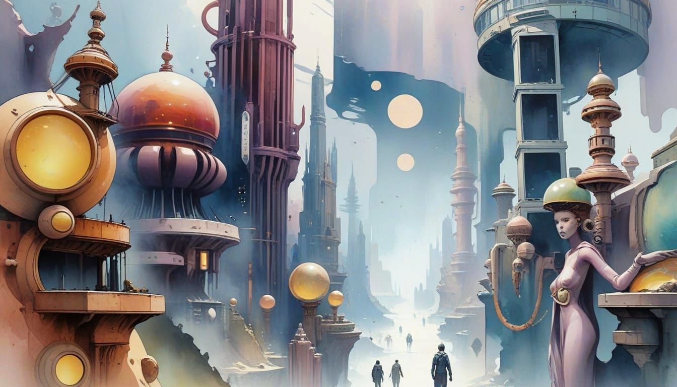 Dreamlike Futuristic Cityscape in Watercolor Style