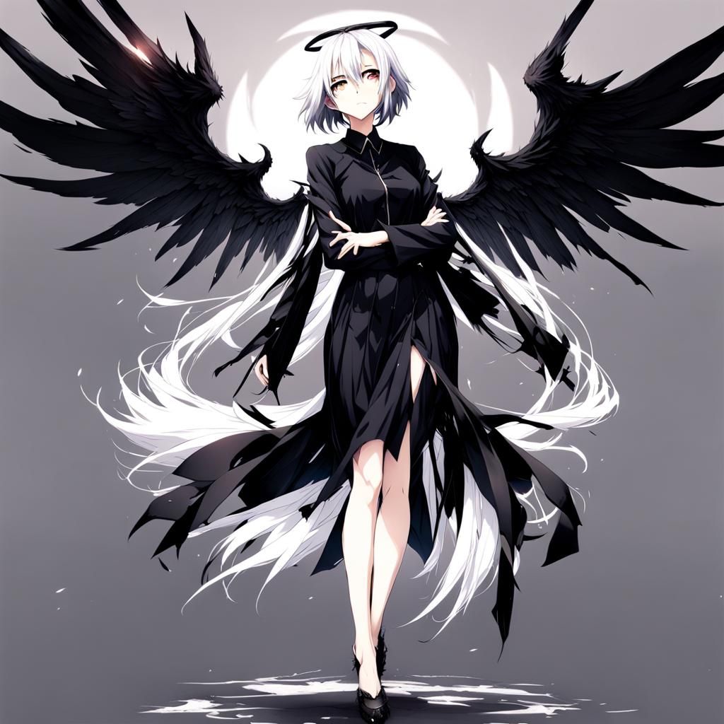 Evil Woman with Black Angel Wings in Anime Style