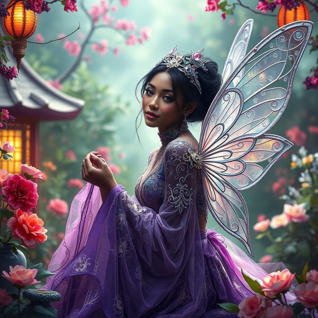 Sitting in her garden. (purple and silver)