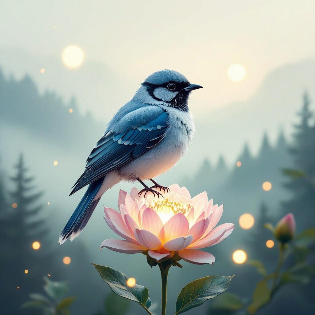 An ethereal bird, its plumage made of delicate, layered peta...