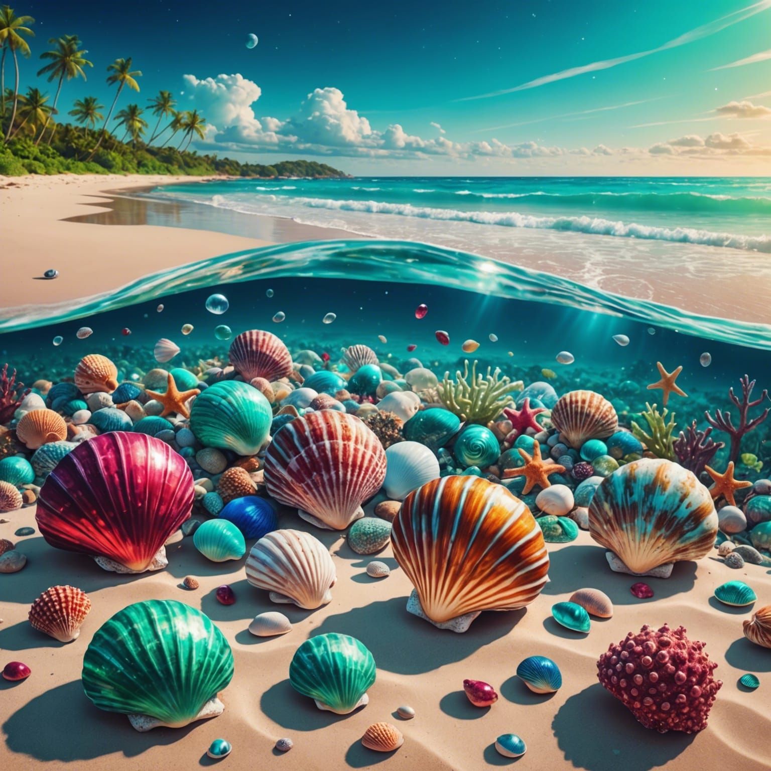 Emerald Seashells on a Dynamic Beach, Mixed Media