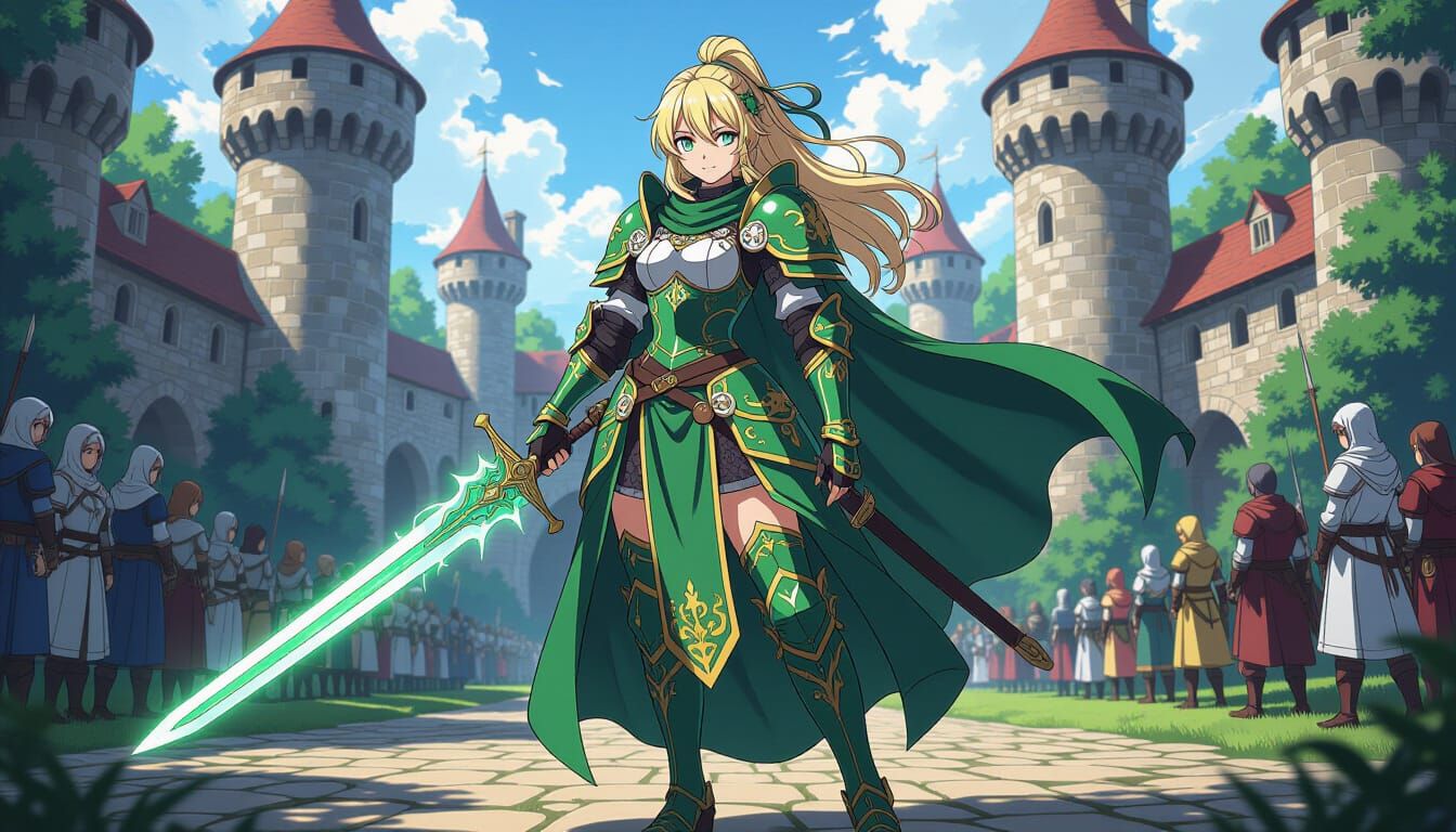 Medieval Knight in Emerald Armor, Semi-Anime Style