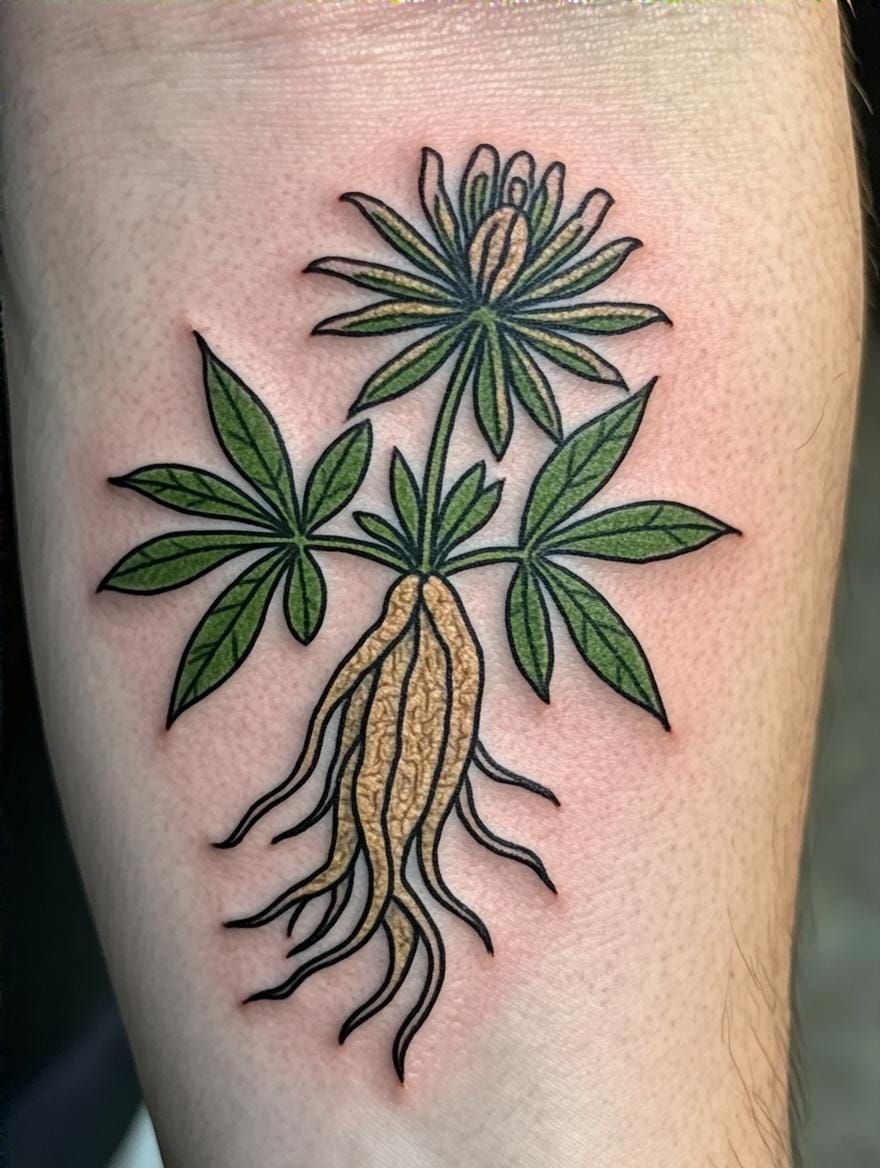 Botanical Tattoo of American Ginseng in Full Bloom